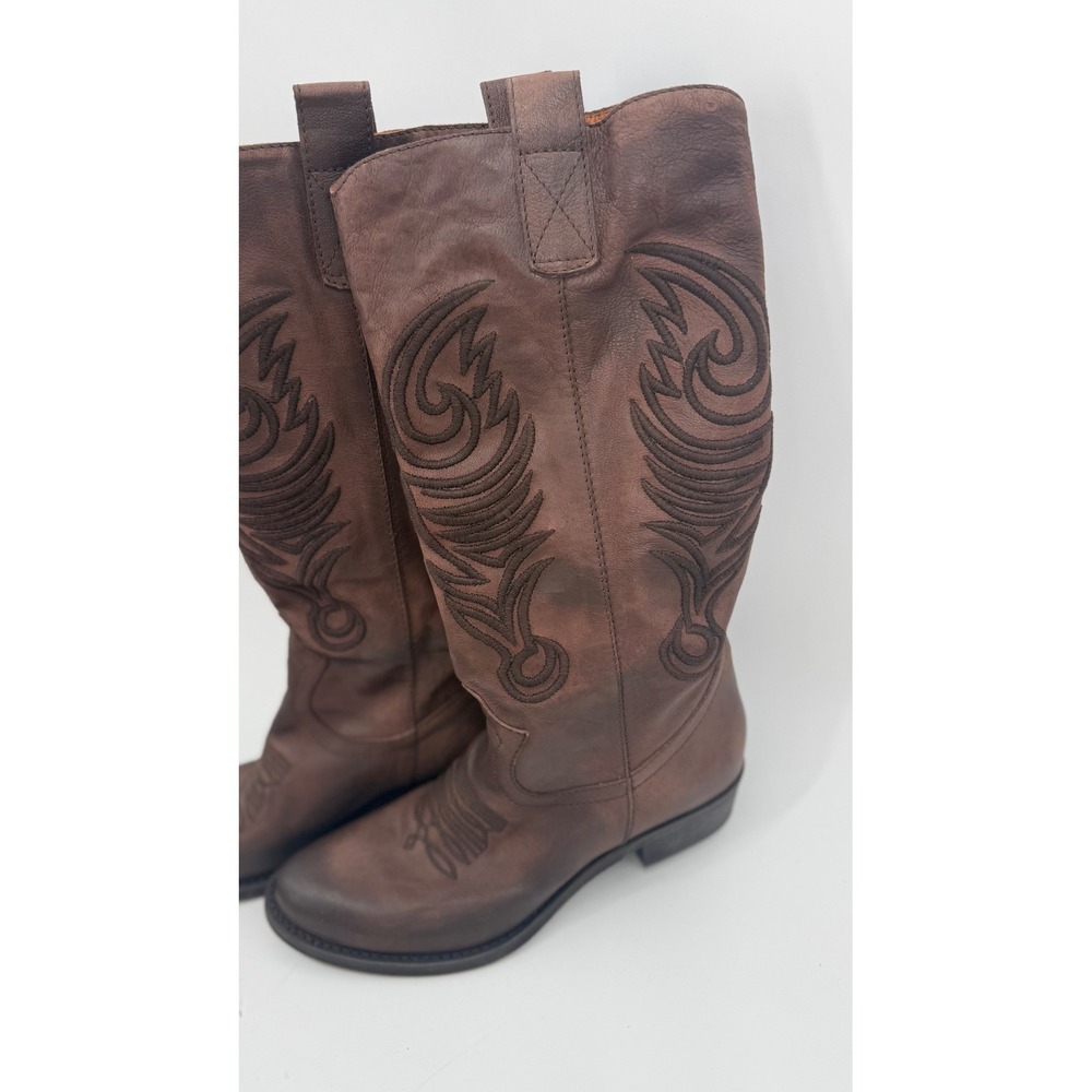 Grey Mer Italian Leather Western‎ Boots Women 41 Brown Embroidered Tall Country - Picture 2 of 14